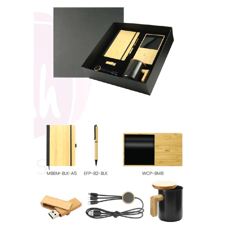 Black Cardboard Gift Box With Bamboo Notebook, Bamboo Pen, Ceramic Mug with Bamboo Lid & Handle